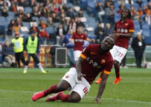 Romas Seydou Doumbia reacts after missing a scoring chance during a Serie A soccer match between Roma and Parma, at Rome's Olympic stadium, Sunday, Feb. 15, 2015. (ANSA/AP Photo/Riccardo De Luca)