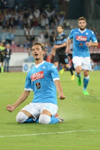 Napoli's forward Manolo Gabbiadini celebrates after scoring the goal of the 5-0 during the Italian Serie A soccer match between SSC Napoli and SS Lazio at San Paolo Stadium in Naples, 20 September 2015. ANSA/ CIRO FUSCO